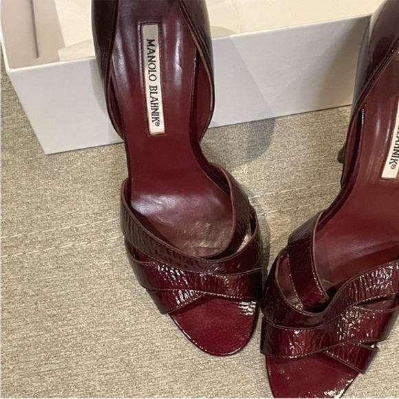 Manolo Blahnik burgundy Patent Leather cross Cross Strap High Heel Sandals - Picture 2 of 7